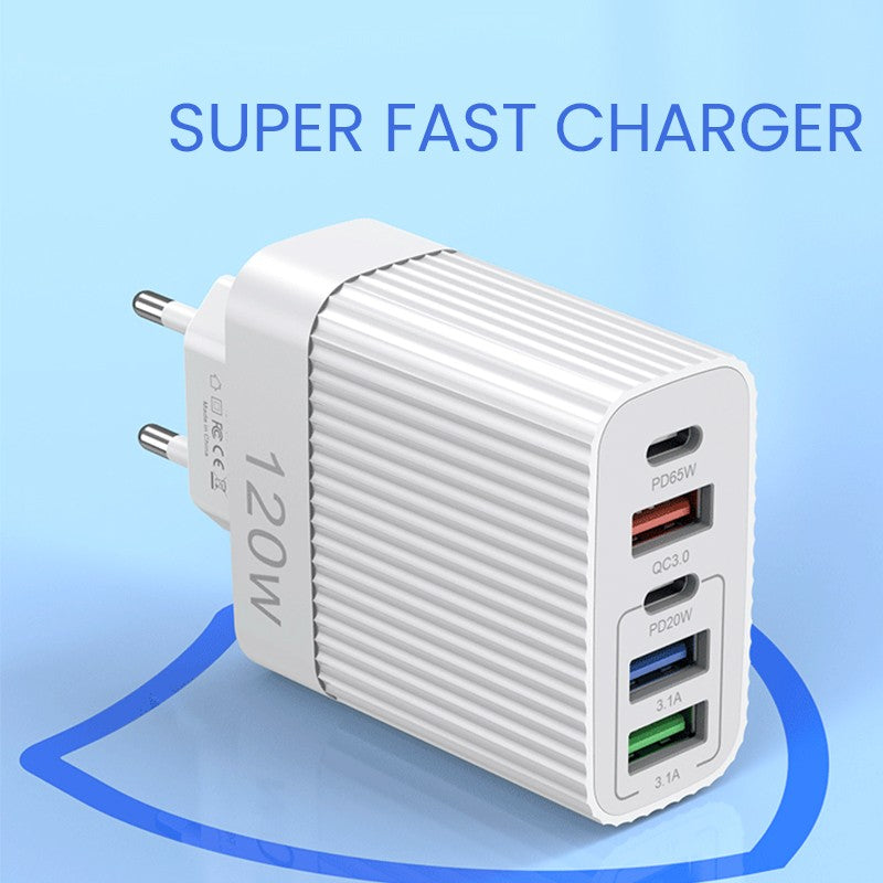 Incarcator Retea pentru Telefon, Vivimall, Super Fast Charger Multi-Port, Power Delivery 120W, 3 USB-A, 2 TYPE-C, Compatibil Telefon si Tableta, Alb - vivimall.ro
