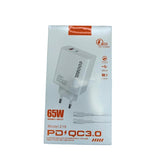 Incarcator Super Fast Charge, Flippy, Incarcator Fast Charge Universal, 65 W, 2 Mufe USB 3.0 si USB C Adaptor, Cablu inclus USB-C, Alb - vivimall.ro