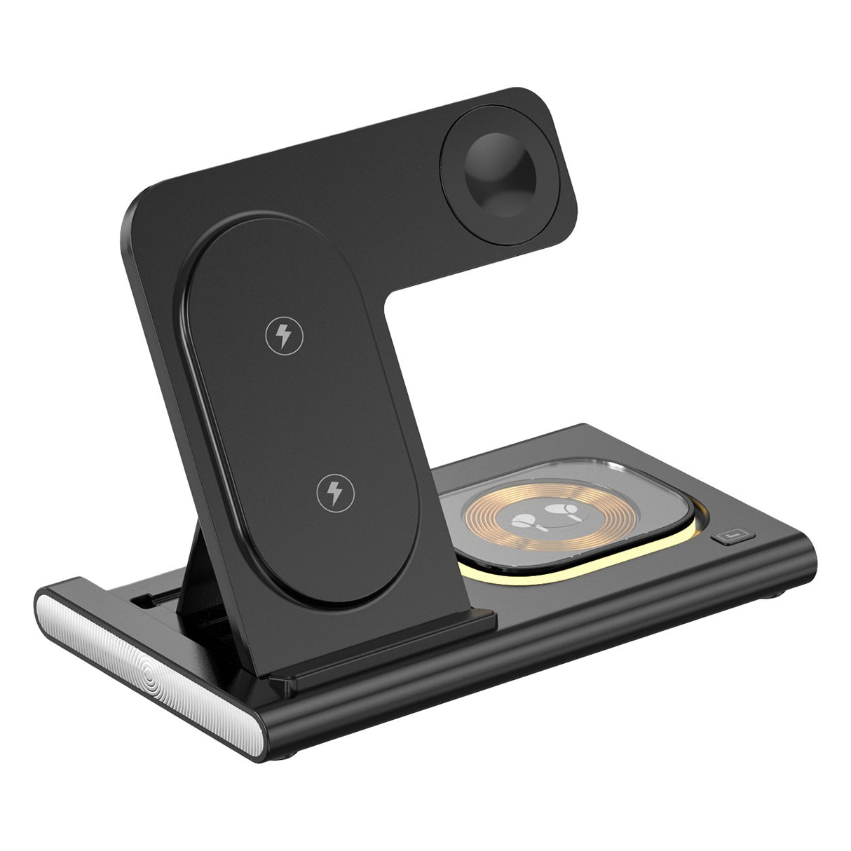 Încărcător wireless 3 în 1, 15W, compatibil iPhone, Apple Watch și AirPods, culoare negru, vedere frontală