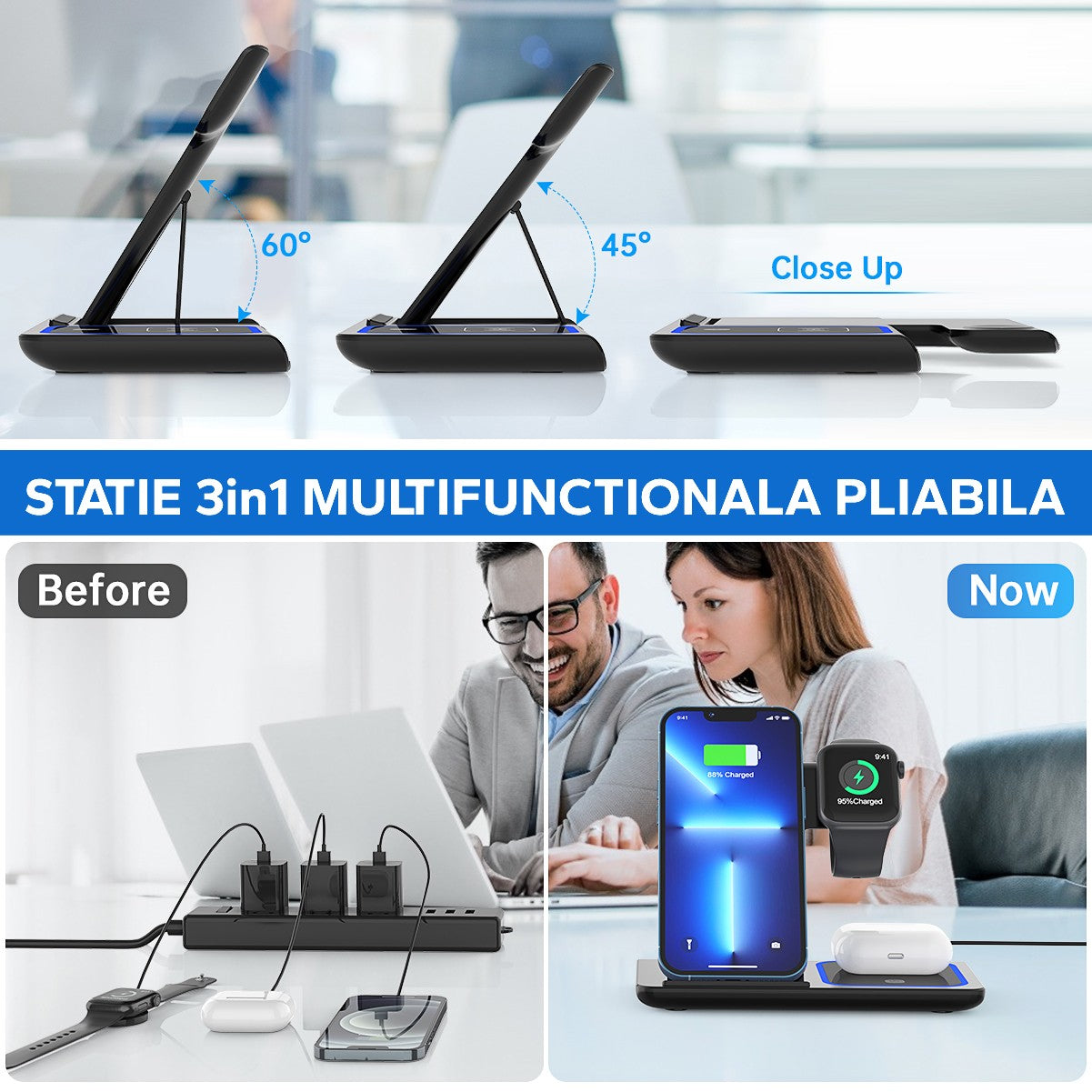 Incarcator Wireless Flippy, Statie Incarcare 3 In 1 Qi Fast Charger 15W, Incarcare Rapida, Compatibil Cu Apple Watch Toate Seriile Airpods Toate Modele si Iphone Android Samsung Huawei Xiaomi, Quick Charge, Negru - vivimall.ro