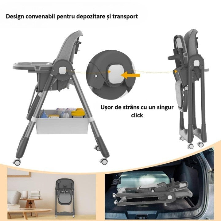 Scaun De Masa Pentru Bebelusi Si Copii, 2 Tavite Si Husa Detasabile, Multifuncțional, Stabil, Centura De Siguranta, Inaltime Ajustabila, Spatar Reglabil Moale, Cos De Depozitare, De La 6 Luni