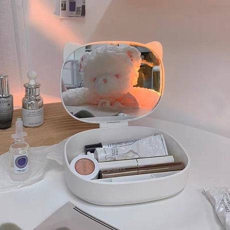 Cutie cu Oglinda, Model Pisica, Vivimall, 4 Compartimente, Cutie de Depozitare a Machiajelor si Accesoriilor, Oglinda de Machiaj, 17x13x6cm, Alb - vivimall.ro