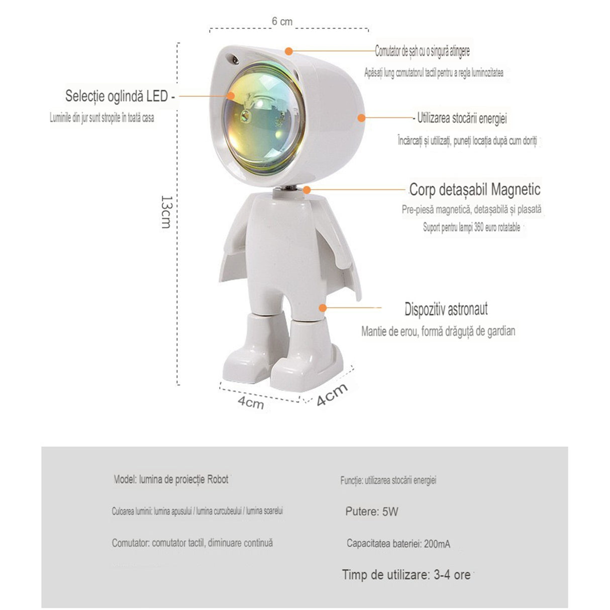 Lampa Led Cu Proiectie Apus De Soare Robotel Cu Cap Magnetic, Inaltime 13 Cm, Pentru Dormitor, Camera Zi, Conectare Pe Usb, Rotire 360 Grade - vivimall.ro