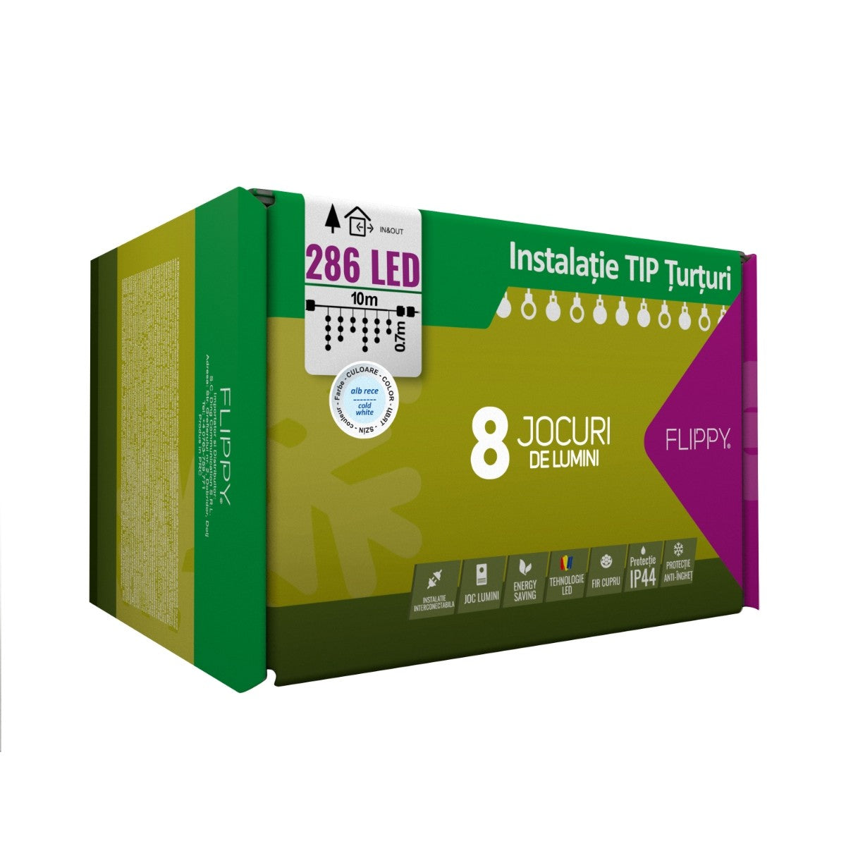 Instalatie Craciun Tip Turturi, 10 M, Ip44, 286 Led-Uri, Rece, 8 Jocuri De Lumini, Interconectabila, Prelungitor 3 M Inclus, Fir Cupru, Interior/Exterior