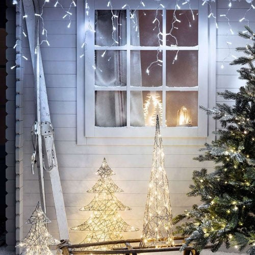 Instalatie Craciun, 100 m, 2400 Led-uri ,Franjuri, Alb rece, Flash, Alimentator, Interconectabila, Prelungitor 6.5 m inclus, Fir Alb Cauciucat, 220v, Vivimall - vivimall.ro