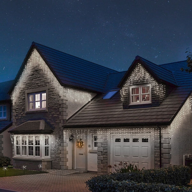 Instalatie Craciun, 225 m, 5400 Led-uri ,Franjuri, Alb rece, Flash, Alimentator, Interconectabila, Prelungitor 6.5 m inclus, Fir Transparent Cauciucat, 220v, Vivimall - vivimall.ro