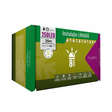 Instalatie Craciun, 25 m, 200 Led-uri ,Liniara, Alb cald, 8 jocuri de lumini, Transformator cu telecomanda, Interconectabila, Prelungitor 5 m inclus, Fir Verde, Vivimall - vivimall.ro