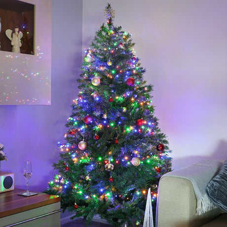 Detaliu LED-uri instalație Crăciun 30 m, becuri colorate roșu și verde aprinse, efect flash
