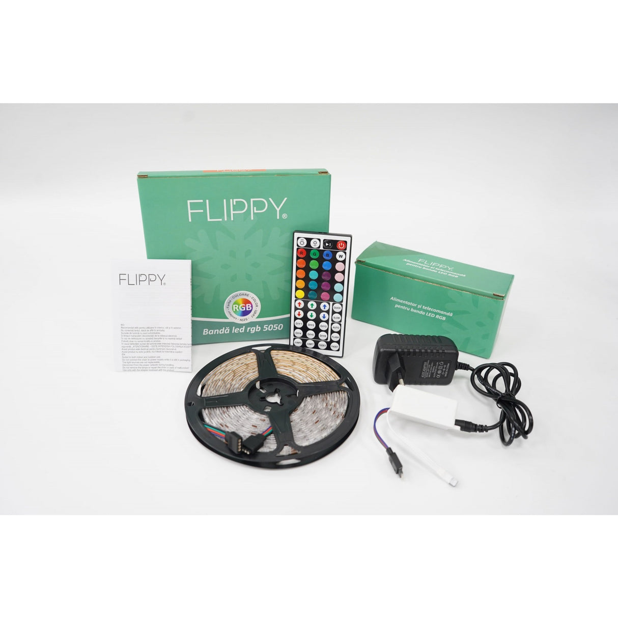 Kit Banda Led RGB SMD 5050 cu Transformator inclus Vivimall - Lungime 5 M, 270 LED-uri, Telecomanda 44 taste, pentru TV, PC, Auto, IP65, Lumina Ambientala - vivimall.ro