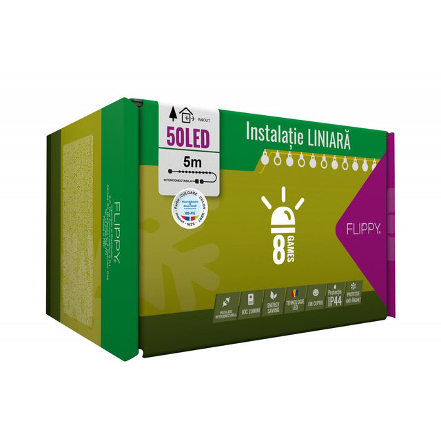 Instalatie Craciun, 5 m, 50 Led-uri ,Liniara, Rosu/Albastru/Rosu/Verde, Flash, Transformator, Interconectabila, Prelungitor 5 m inclus, Fir Verde, Flippy - vivimall.ro