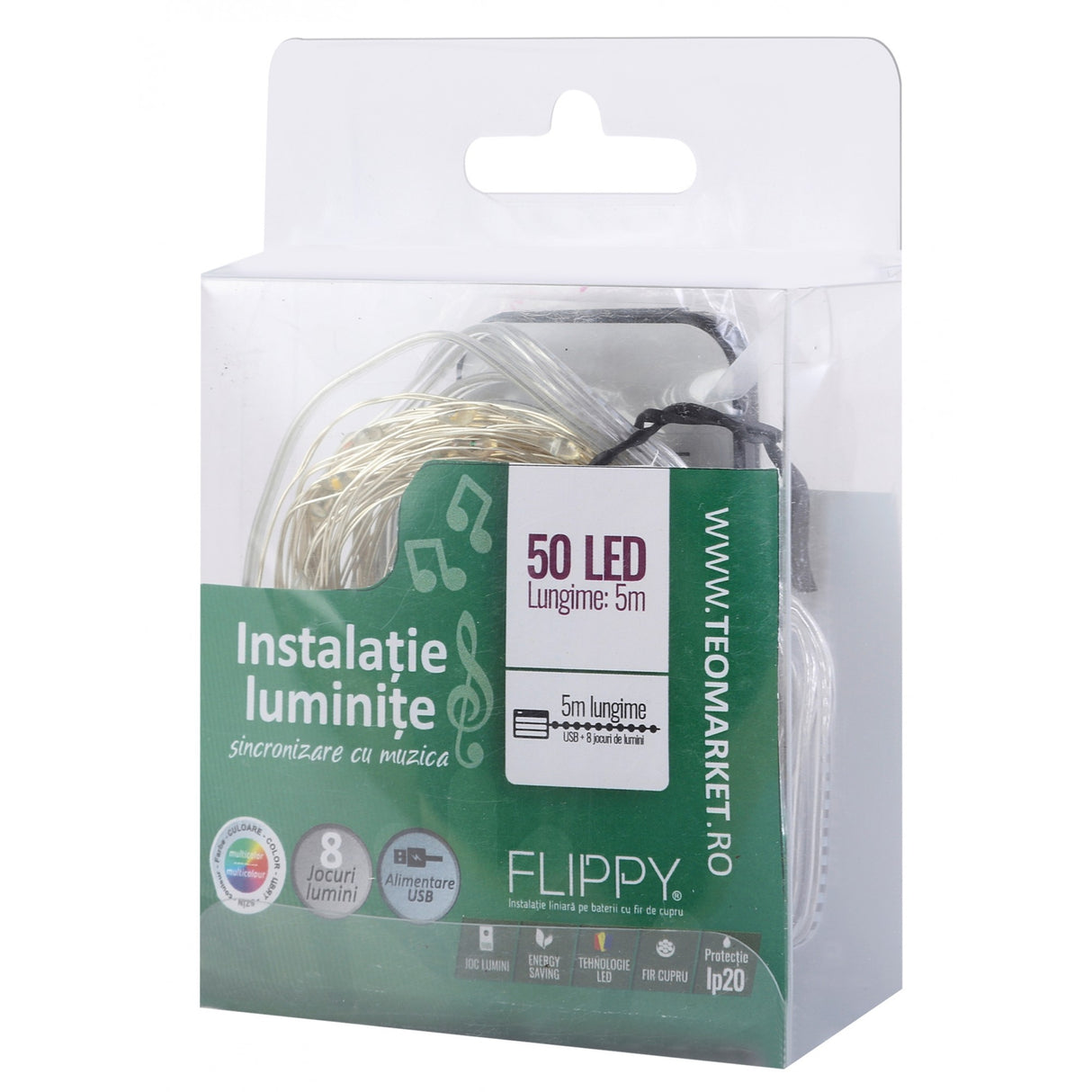 Instalatie Craciun, 5 metri, 50 LED-uri, multicolor RGB, sincronizare muzica, telecomanda 12 de functii, USB, fir cupru, liniar, interior/exterior, Vivimall - vivimall.ro