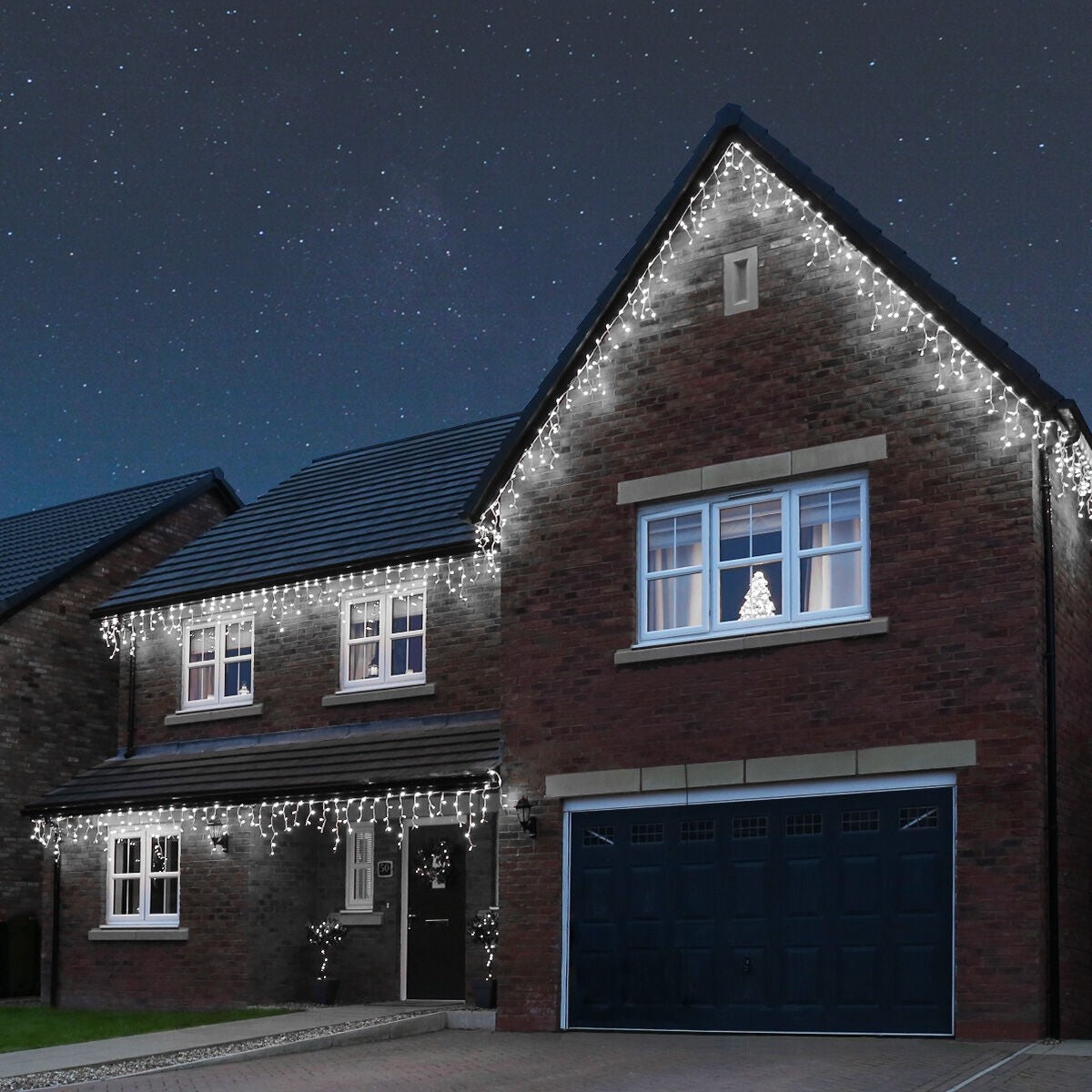 Instalatie Craciun, 50 m, Led-uri ,Franjuri, Alb rece, Flash, Alimentator, Interconectabila, Fir Alb Cauciucat, 220v, Vivimall - vivimall.ro