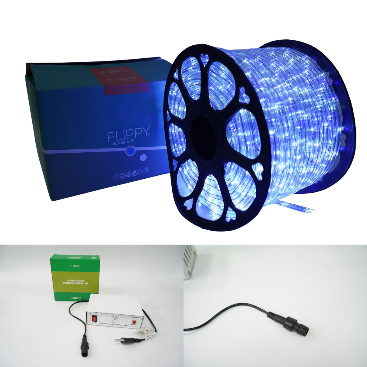 Instalatie Craciun, 70 m, 1680 Led-uri, Furtun Luminos, Alb rece/ Albastru, Transformator, 8 jocuri de lumini, Sectionabila, 220 V, Vivimall - vivimall.ro