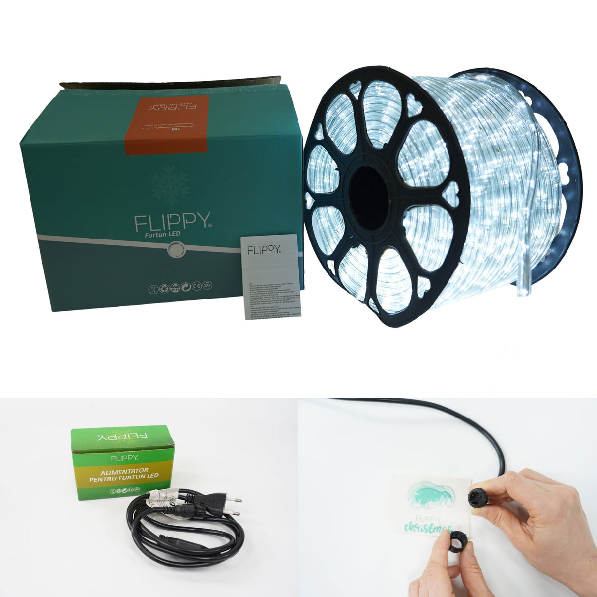 Instalatie Craciun, 86 m, 2064 Led-uri, Furtun Luminos, Alb rece, Transformator, Sectionabila, 220 V, Vivimall - vivimall.ro