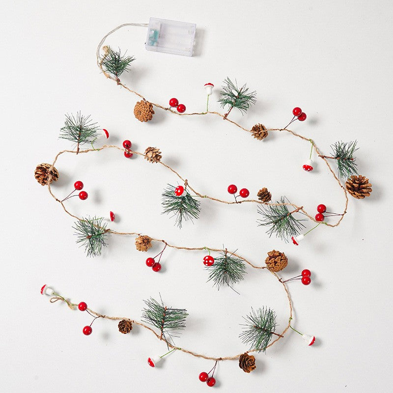 Instalatie Craciun cu baterii, 2 metri, 20 LED-uri tip Ace, conuri de pin si ciuperci, Alb Cald, Vivimall - vivimall.ro