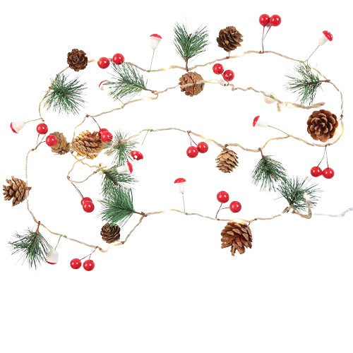 Instalatie Craciun cu baterii, 2 metri, 20 LED-uri tip Ace, conuri de pin si ciuperci, Alb Cald, Vivimall - vivimall.ro