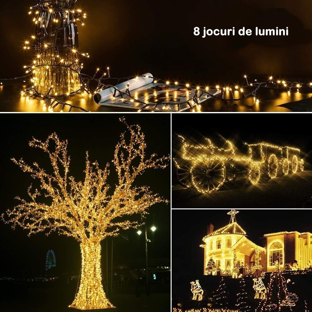 Instalatie de Craciun liniara Yoto, 10 m, din care 1 m cablu priza 220V, 100 LED, 8 jocuri de lumini, beculet in 6 colturi, pentru interior, controler, fir negru, alb cald - vivimall.ro