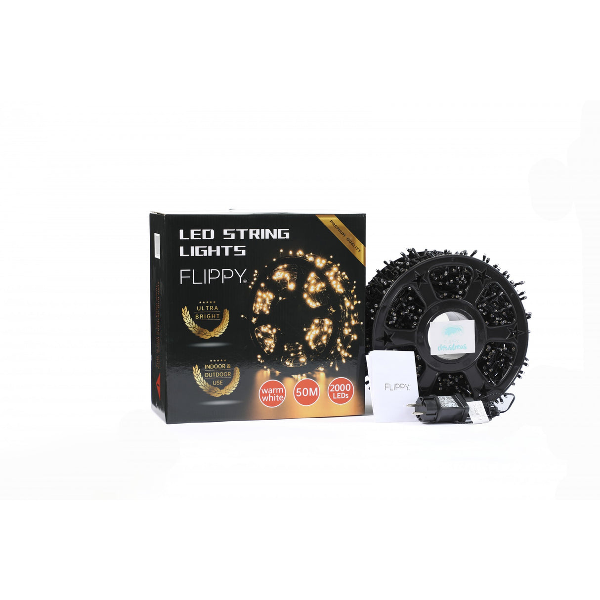 Instalatie Craciun liniara cu transformator, 50m, alb cald, 2000 LED-uri, fir negru, 8 jocuri de lumini, Vivimall - vivimall.ro