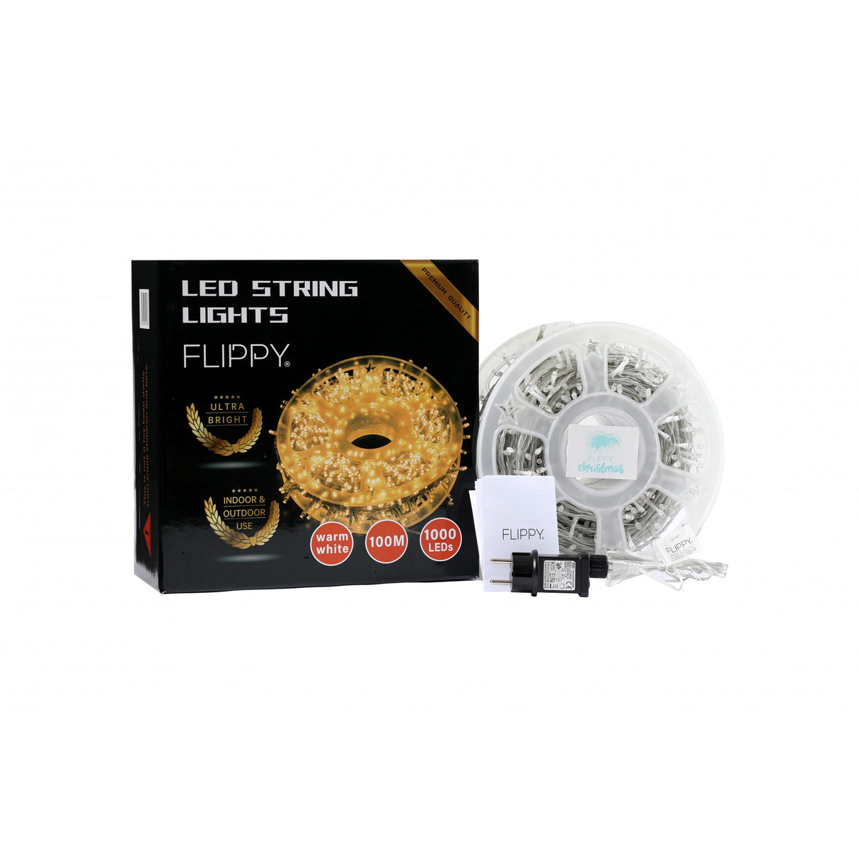 Instalatie Craciun liniara cu transformator, 100m, alb cald, 1000 LED-uri, fir transparent, 8 jocuri de lumini, Vivimall - vivimall.ro