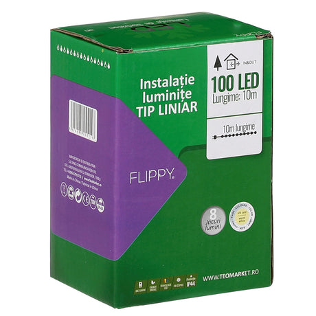 Instalatie Craciun liniara, cu transformator 31V, 10m, alb cald, 100 LED-uri V5, 8 jocuri de lumini, Fir verde, Vivimall - vivimall.ro