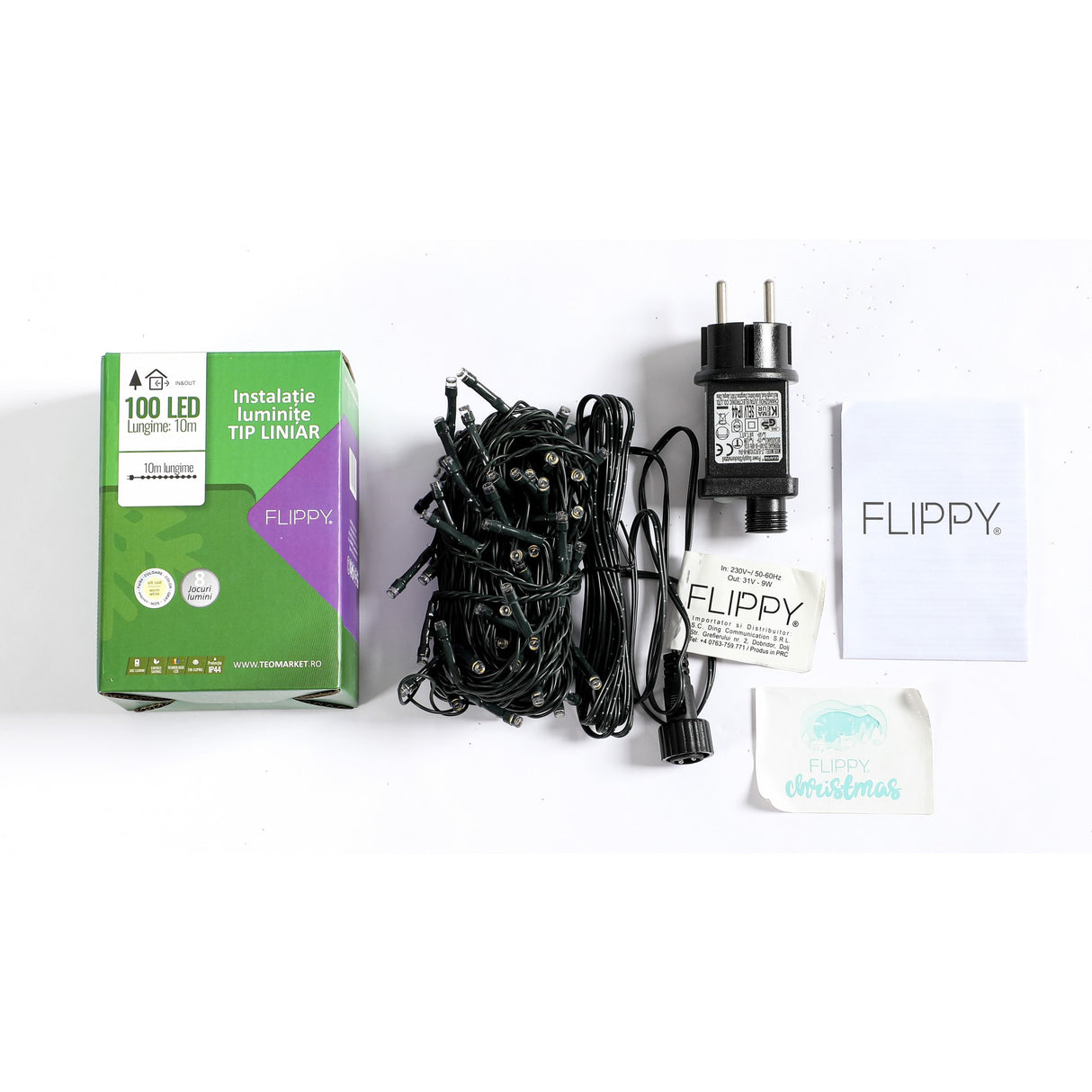 Instalatie Craciun liniara, cu transformator 31V, 10m, alb cald, 100 LED-uri V5, 8 jocuri de lumini, Fir verde, Vivimall - vivimall.ro