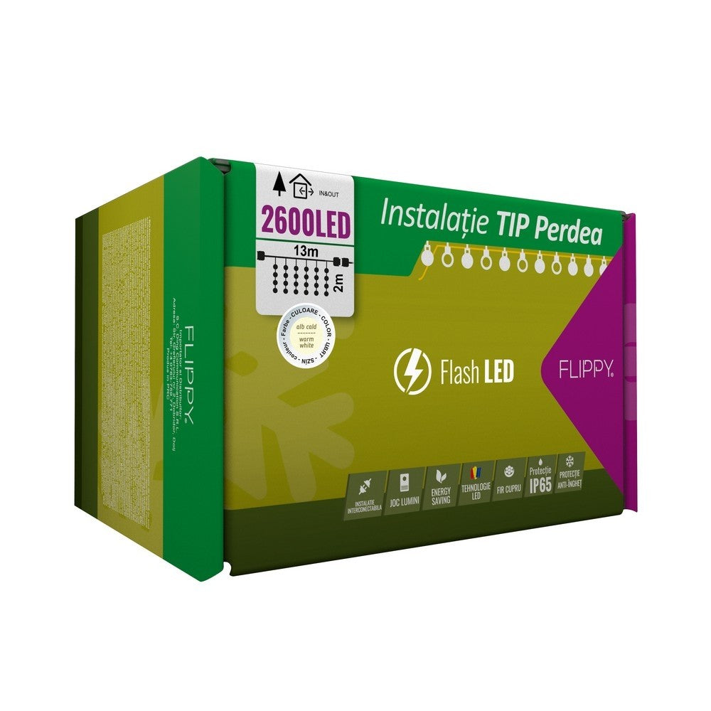 Instalatie Craciun Profesionala de Exterior IP65, Tip Perdea, 13m x 2m, 2600 Led-uri Mari, Alb cald, cu flash, Alimentator si prelungitor 6,5 m, Interconectabila, Fir negru, Vivimall - vivimall.ro