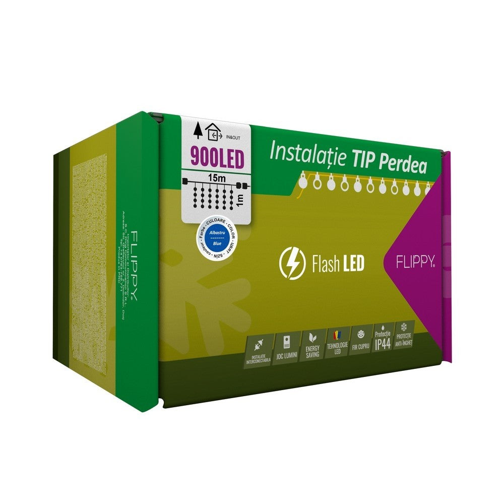 Instalatie Craciun, Tip Perdea, Ip44, 900 Led-Uri, Albastru, Cu Flash, Transformator, Interconectabila, Prelungitor 3 M Inclus, Fir, Interior/ Exterior