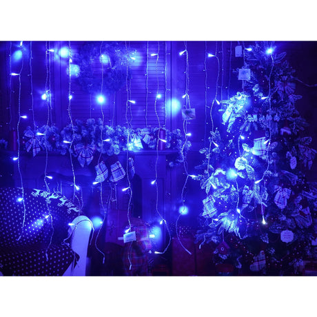Instalatie Craciun, Tip Perdea, IP44, 2 m x 1 m, 120 LED-uri, Albastru, cu flash, Transformator cu telecomanda, Interconectabila, Prelungitor 3 m inclus, Fir transparent, Interior/ Exterior, Vivimall - vivimall.ro