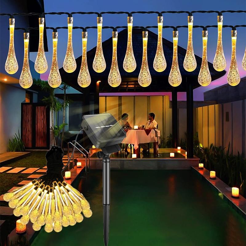 Instalatie Craciun, Tip Picaturi de apa, 20 Led-uri, 5 metri, Alb cald, Energie solara, Senzor de lumina, Vivimall - vivimall.ro