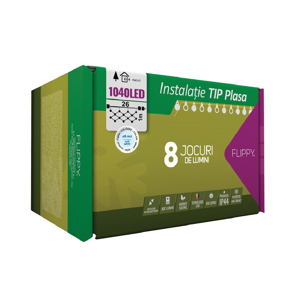 Instalatie Craciun, Tip Plasa, IP 44, 26 x 1 m, 1040 LED-uri, Alb rece, 8 jocuri de lumini, Transformator cu telecomanda, Interconectabila, Prelungitor 5 m inclus, Fir transparent, Vivimall - vivimall.ro