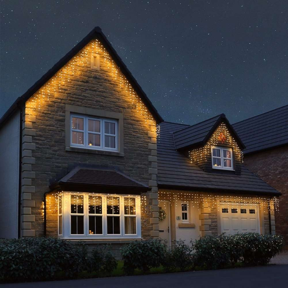 Коледна инсталация Turturi, IP44, 40 M, 1144 LED-а, ресни завеса, топло бяло, 8 светлинни ефекта, 31 V трансформатор, 9 W мощност, свързваем, за вътрешна/външна употреба, 3 M удължителен кабел включен, кабел