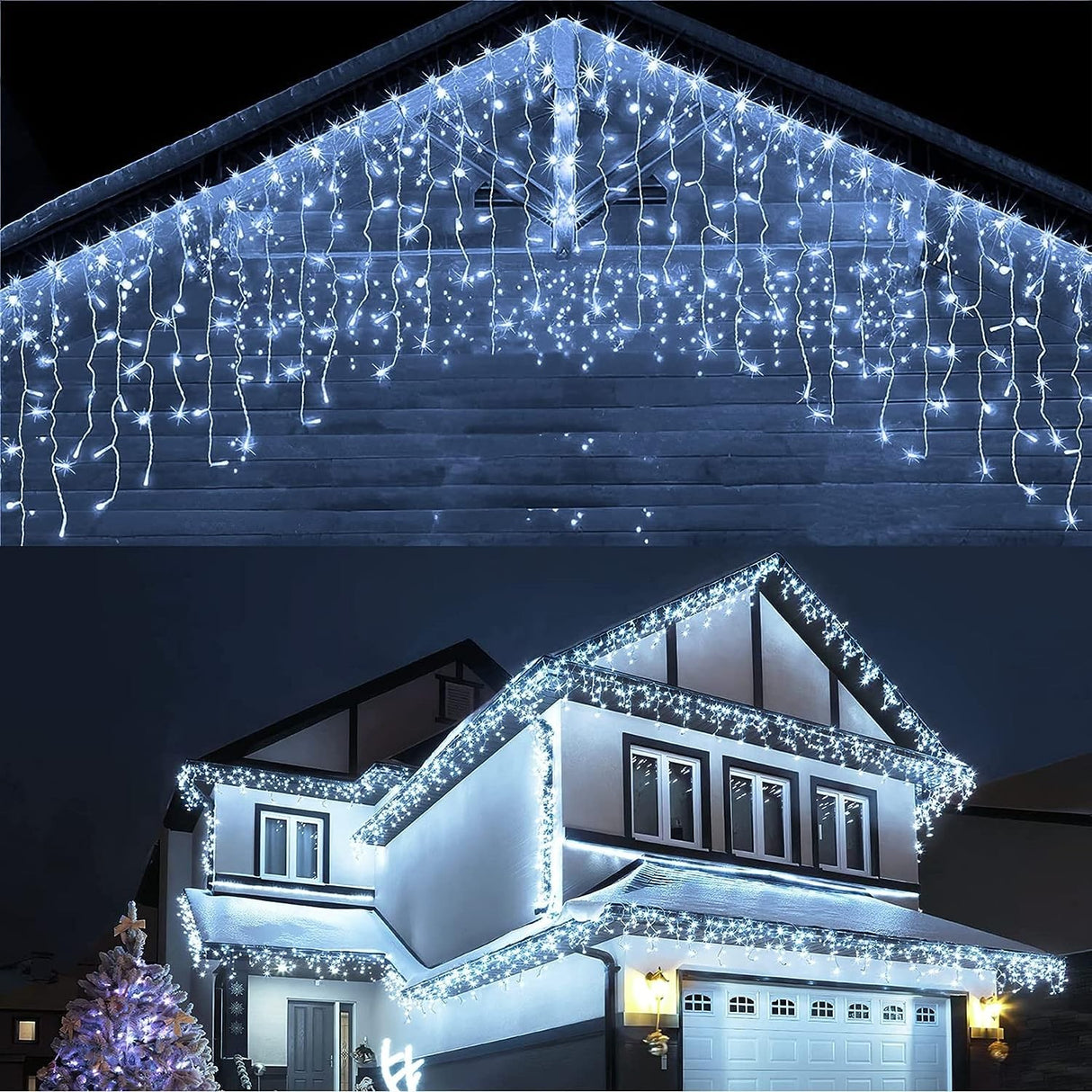 Instalatie Craciun Yoto, Tip Franjuri/Turturi, 12 M, 300 Led-Uri, Prelungitor 1.5 M, 8 Jocuri De Lumini, Interconectabila, Conectare La Retea, Fir, Interior/Exterior, Alb Rece - vivimall.ro