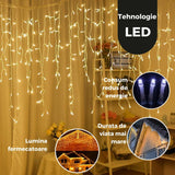 Instalatie Craciun Yoto, Tip Franjuri/Turturi, 12 M, 300 Led-Uri, Prelungitor 1.5 M, 8 Jocuri De Lumini, Interconectabila, Conectare La Retea, Fir, Interior/Exterior, Alb Cald - vivimall.ro