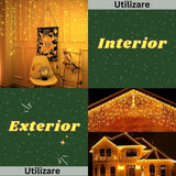 Instalatie Craciun Yoto, Tip Franjuri/Turturi, 4 m, 120 LED-uri, Prelungitor 1.5 m, 8 Jocuri de Lumini, Interconectabila, Conectare la Retea, Fir transparent, Interior/Exterior, Alb Cald - vivimall.ro