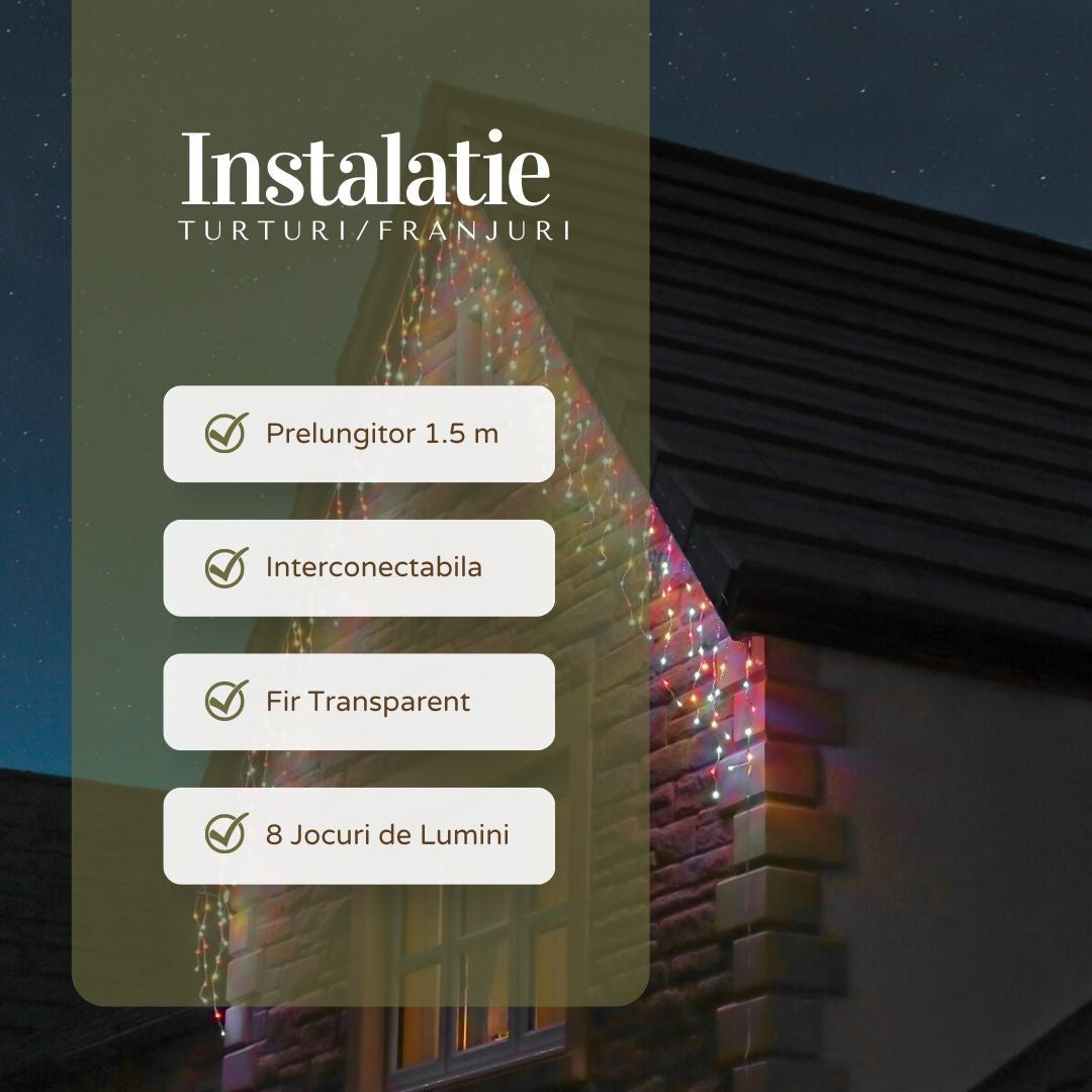 Instalație LED franjuri Yoto multicolor aprinsă, detaliu jocuri de lumini în 8 moduri