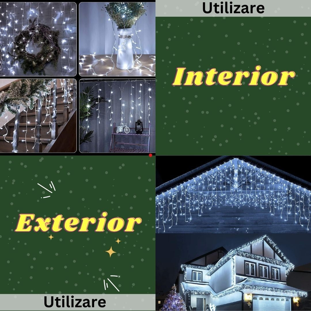 Instalatie Craciun Yoto, Tip Franjuri/Turturi, 7 m, 200 LED-uri, Prelungitor 1.5 m, 8 Jocuri de Lumini, Interconectabila, Conectare la Retea, Fir transparent, Interior/Exterior, Alb Rece - vivimall.ro