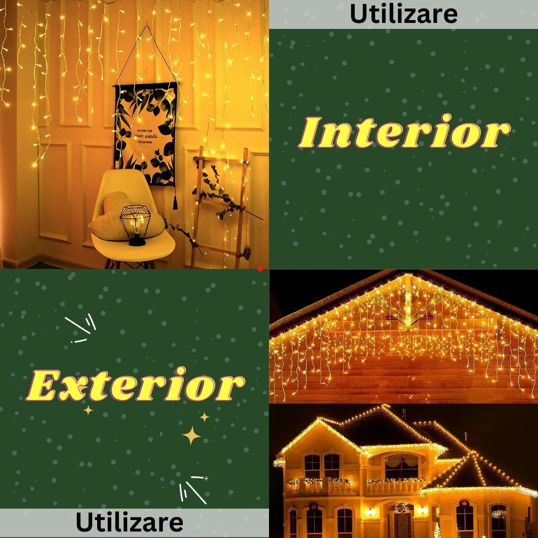 Instalatie Craciun Yoto, Tip Franjuri/Turturi, 7 m, 200 LED-uri, Prelungitor 1.5 m, 8 Jocuri de Lumini, Interconectabila, Conectare la Retea, Fir transparent, Interior/Exterior, Alb Cald - vivimall.ro