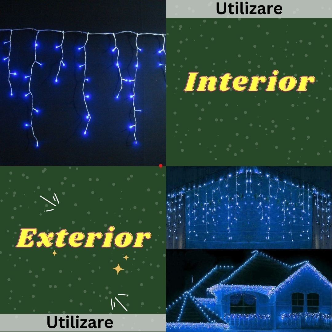 Instalatie Craciun Yoto, Tip Franjuri/Turturi, 7 M, 200 Led-Uri, Prelungitor 1.5 M, 8 Jocuri De Lumini, Interconectabila, Conectare La Retea, Fir, Interior/Exterior, Albastru - vivimall.ro