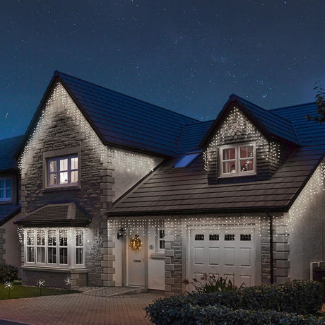 Instalatie Craciun Yoto, Tip Franjuri/Turturi, 7 m, 200 LED-uri, Prelungitor 1.5 m, 8 Jocuri de Lumini, Interconectabila, Conectare la Retea, Fir transparent, Interior/Exterior, Alb Rece - vivimall.ro