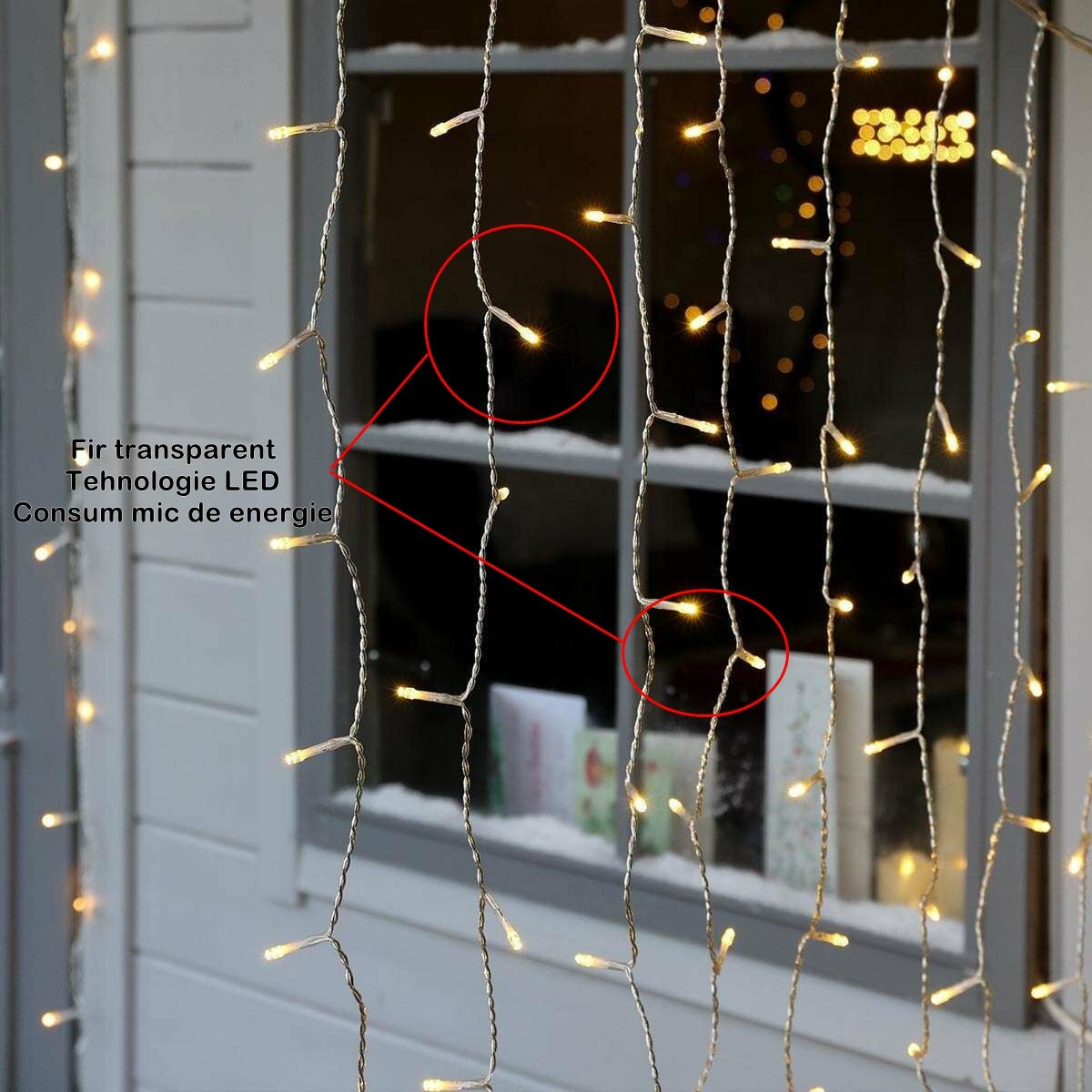 Instalatie Craciun Yoto, Tip Perdea, 3 m x 2 m, 240 LED-uri, Prelungitor 1.5 m, 8 Jocuri de Lumini, Interconectabila, Fir transparent, Interior/Exterior, Alb Cald - vivimall.ro