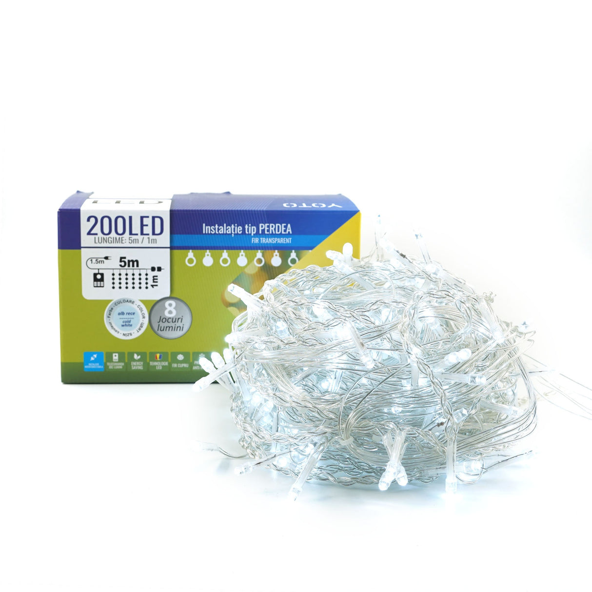 Instalatie Craciun Yoto, Tip Perdea, 5 m x 1 m, 200 LED-uri, Prelungitor 1.5 m, 8 Jocuri de Lumini, Interconectabila, Fir transparent, Interior/Exterior, Alb Rece - vivimall.ro