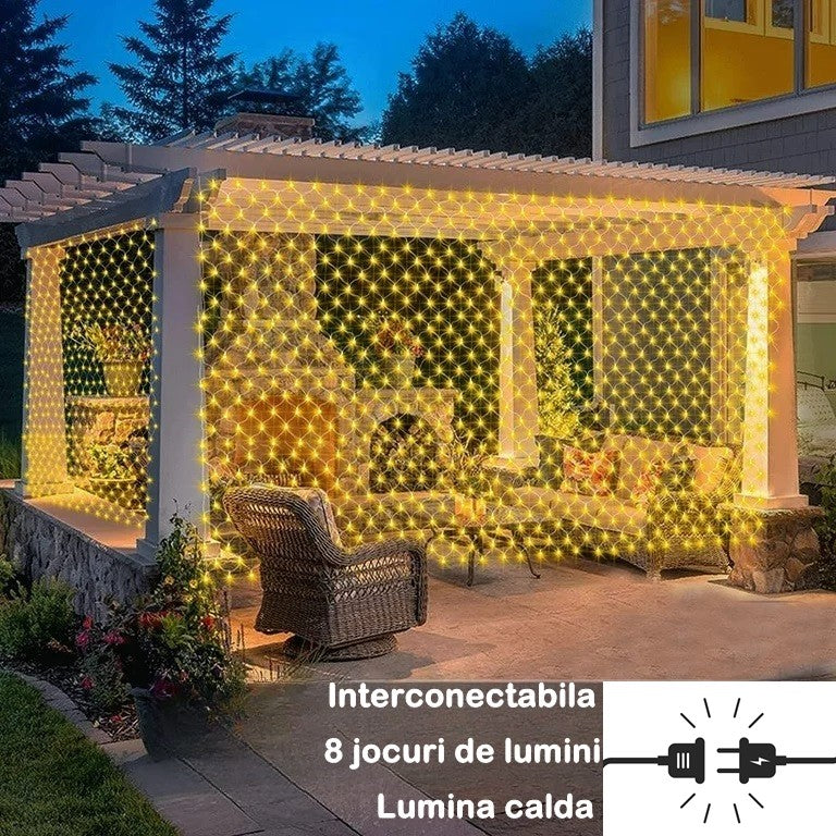 Instalatie Craciun Yoto, Tip Plasa, 1.5 m x 1.5 m, 120 LED-uri, Prelungitor 1.5 m, 8 Jocuri de Lumini, Interconectabila, Fir transparent, Interior/Exterior, Alb Cald - vivimall.ro