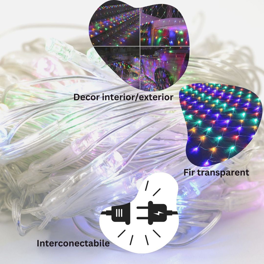 Instalație plasă LED Yoto 3x3 m montată pe fereastră, utilizare interior, fir transparent