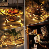 Instalatie Luminoasa, Flippy, cu Fir de Cupru, 2 m, 40 LED-uri, Model Sfoara de Canepa, cu Baterii, IP44, Alb Cald - vivimall.ro