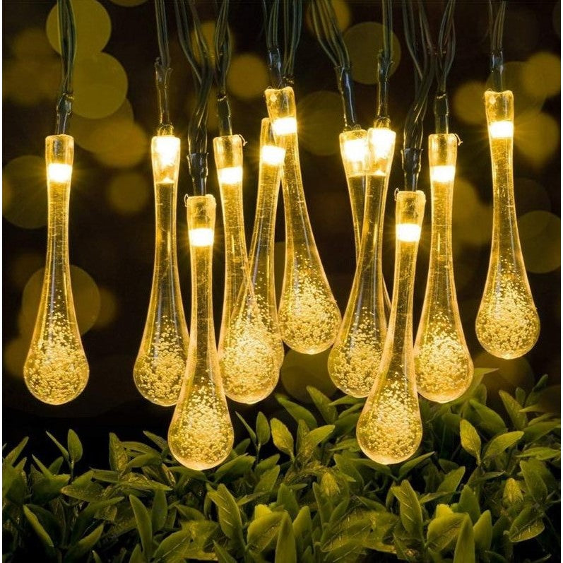 Instalatie Solara 6 m, 28 Led-uri cu Ornament tip picatura de apa, Liniara, Fir negru, Interior, Exterior, Alb Cald - vivimall.ro