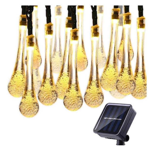 Instalatie Solara 6 m, 28 Led-uri cu Ornament tip picatura de apa, Liniara, Fir negru, Interior, Exterior, Alb Cald - vivimall.ro