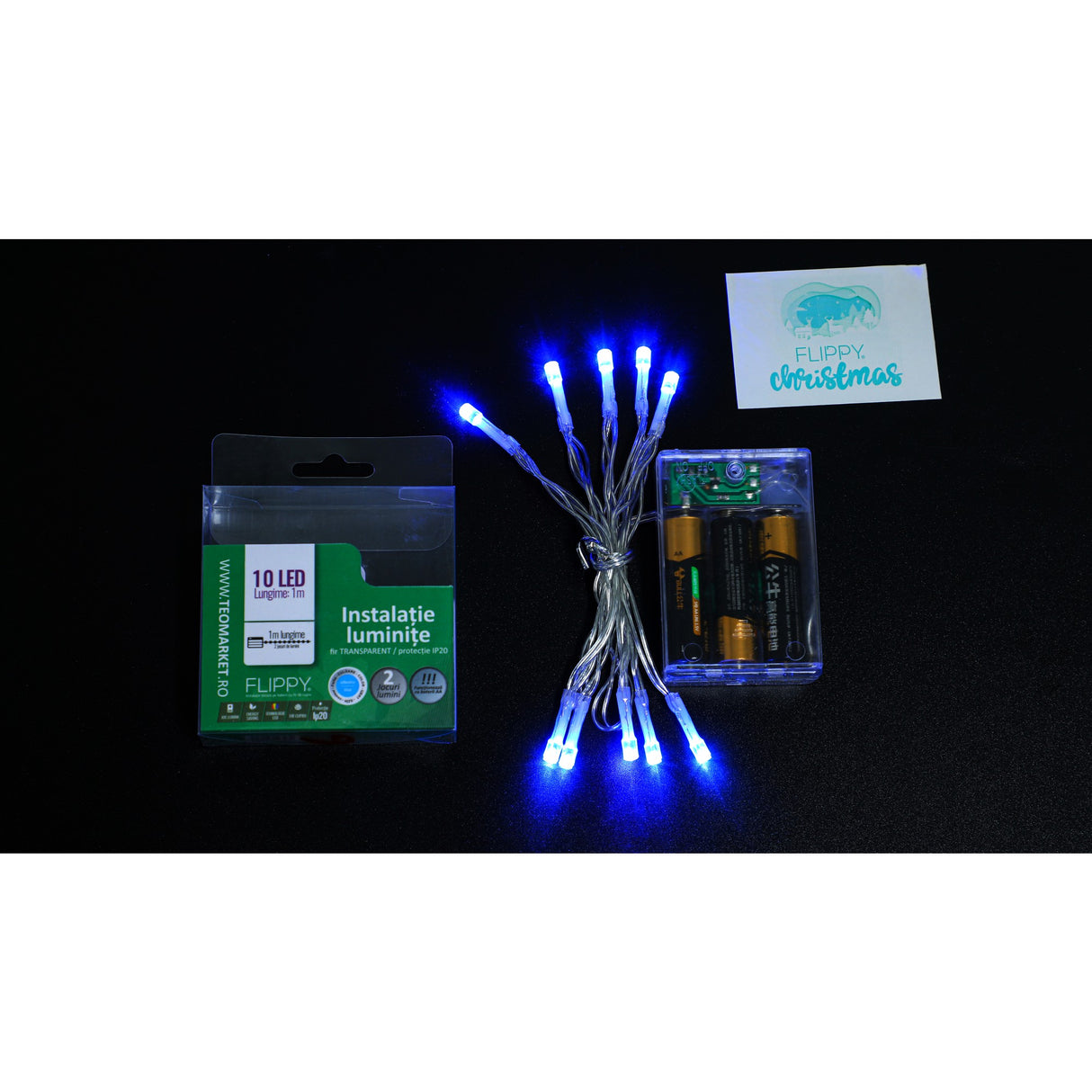 Instalatie de Craciun cu Baterii Tip Liniar, 2 jocuri de lumini, Fir transparent 1 m 10 LED -uri, Albastru - vivimall.ro