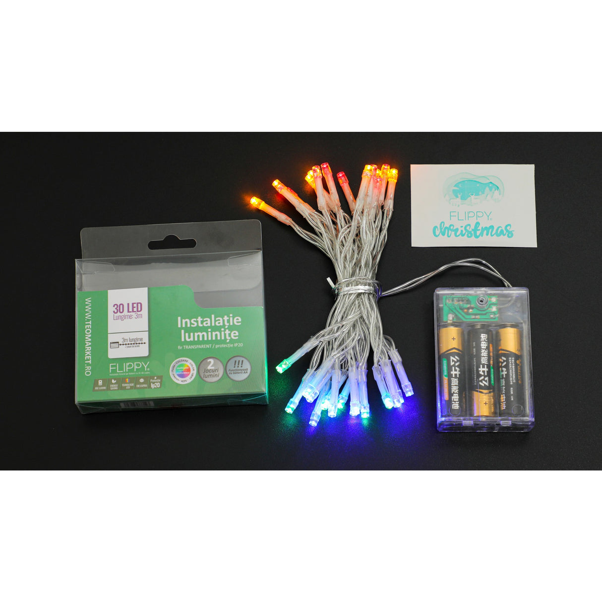 Instalatie De Craciun Cu Baterii Tip Liniar, 2 Jocuri De Lumini, Fir 3 M 30 Led -Uri, Multicolor