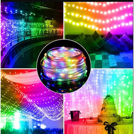 Instalatie de Craciun Yoto, liniara, cu 100 micro LED-uri, 10 m, 220V, conectare la retea, cu 8 jocuri de lumini, interior/exterior, fir transparent, multicolora - vivimall.ro