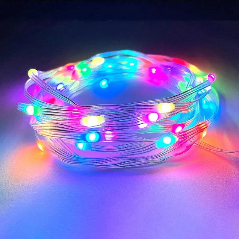 Instalatie de Craciun Yoto, liniara, cu 100 micro LED-uri, 10 m, 220V, conectare la retea, cu 8 jocuri de lumini, interior/exterior, fir transparent, multicolora - vivimall.ro